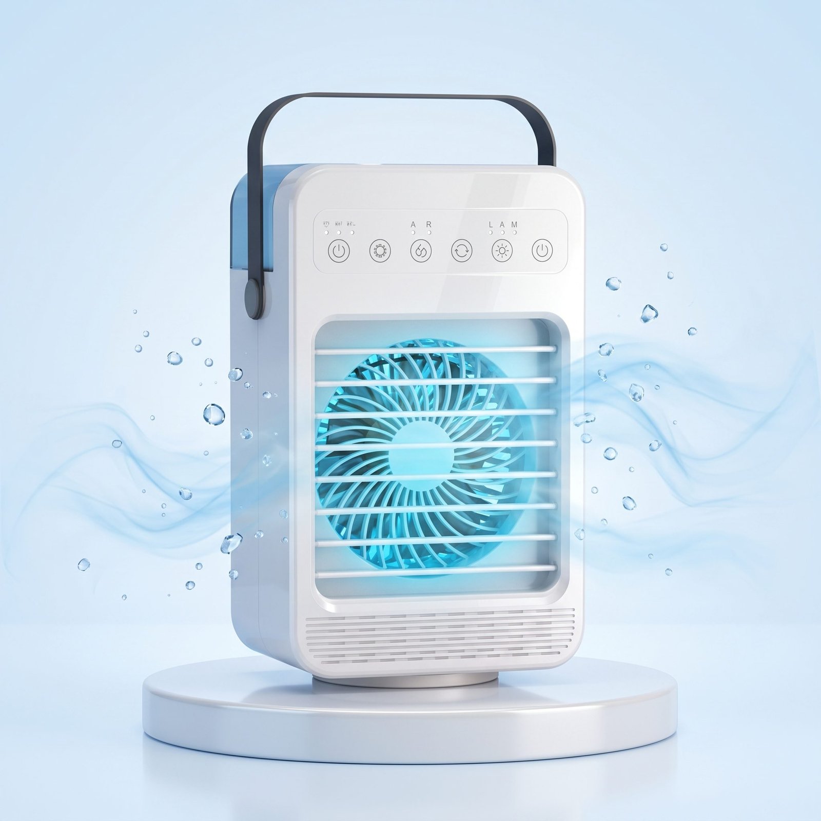 CoolJet portable air cooler with a cool blue mist and water droplets